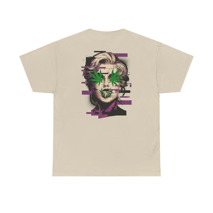 Vintage Portrait Tee — Glitch Art Face with Cannabis Leaf Mask