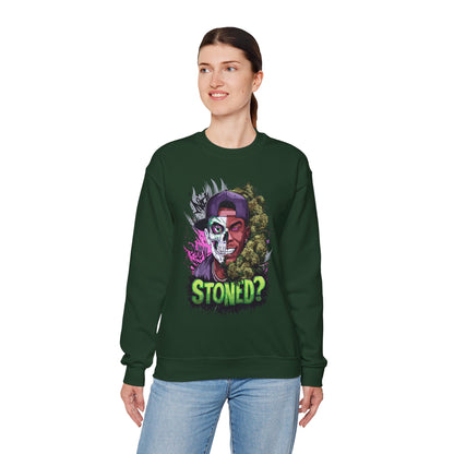 Sweatshirt— 'Stoned?' Skull Face Graphic for Cannabis Lovers