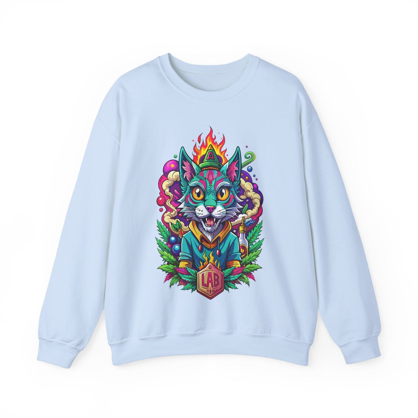 Psychedelic Flame Cat Graphic Sweatshirt — Colorful Trippy Cat Design