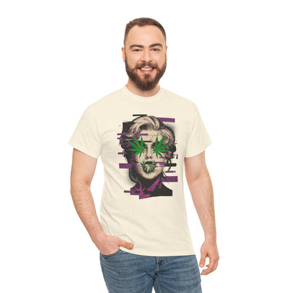 Vintage Portrait Tee — Glitch Art Face with Cannabis Leaf Mask