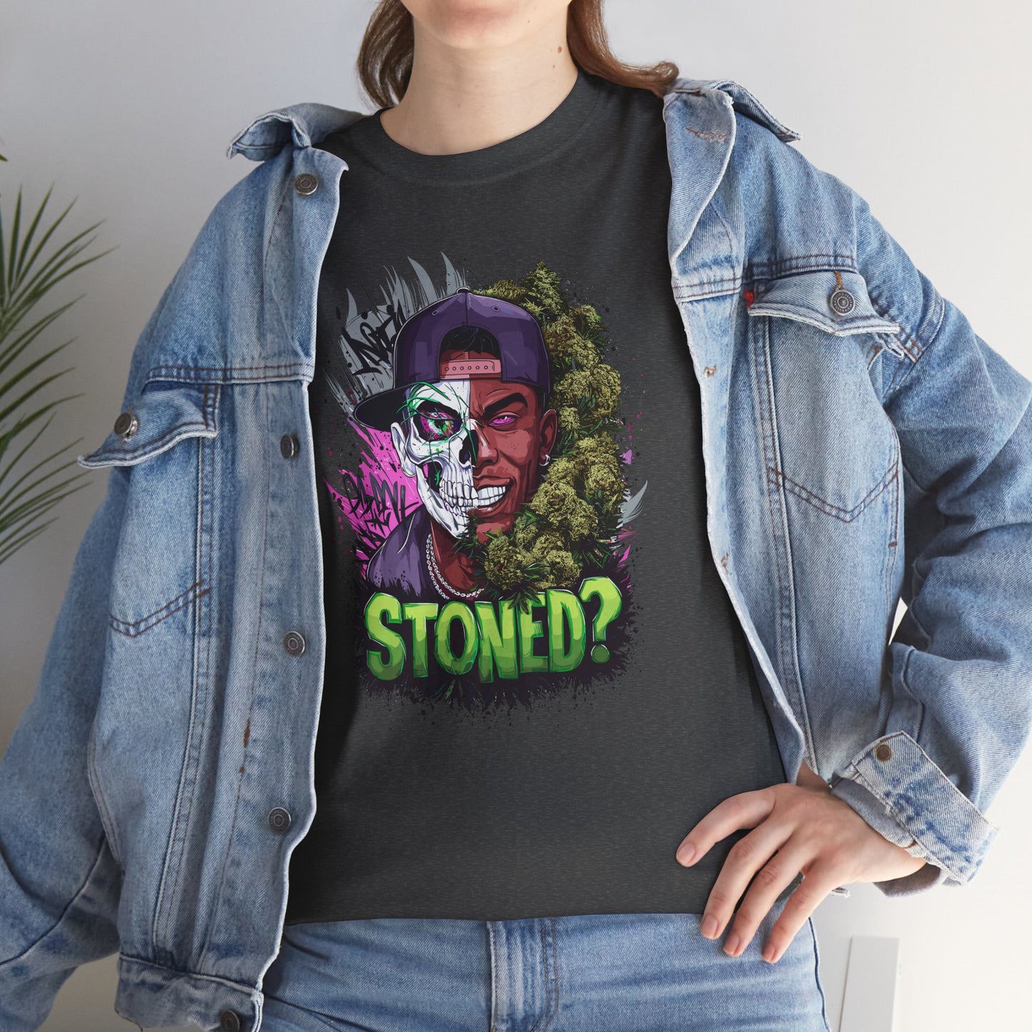 T-Shirt — 'Stoned?' Skull Face Graphic Tee for Cannabis Lovers