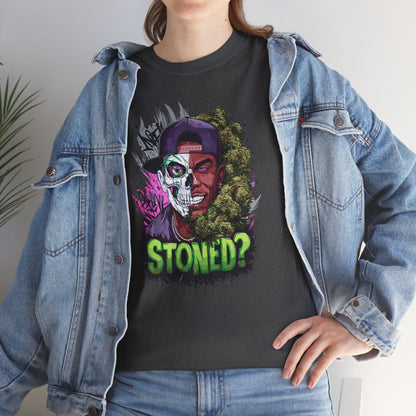 T-Shirt — 'Stoned?' Skull Face Graphic Tee for Cannabis Lovers