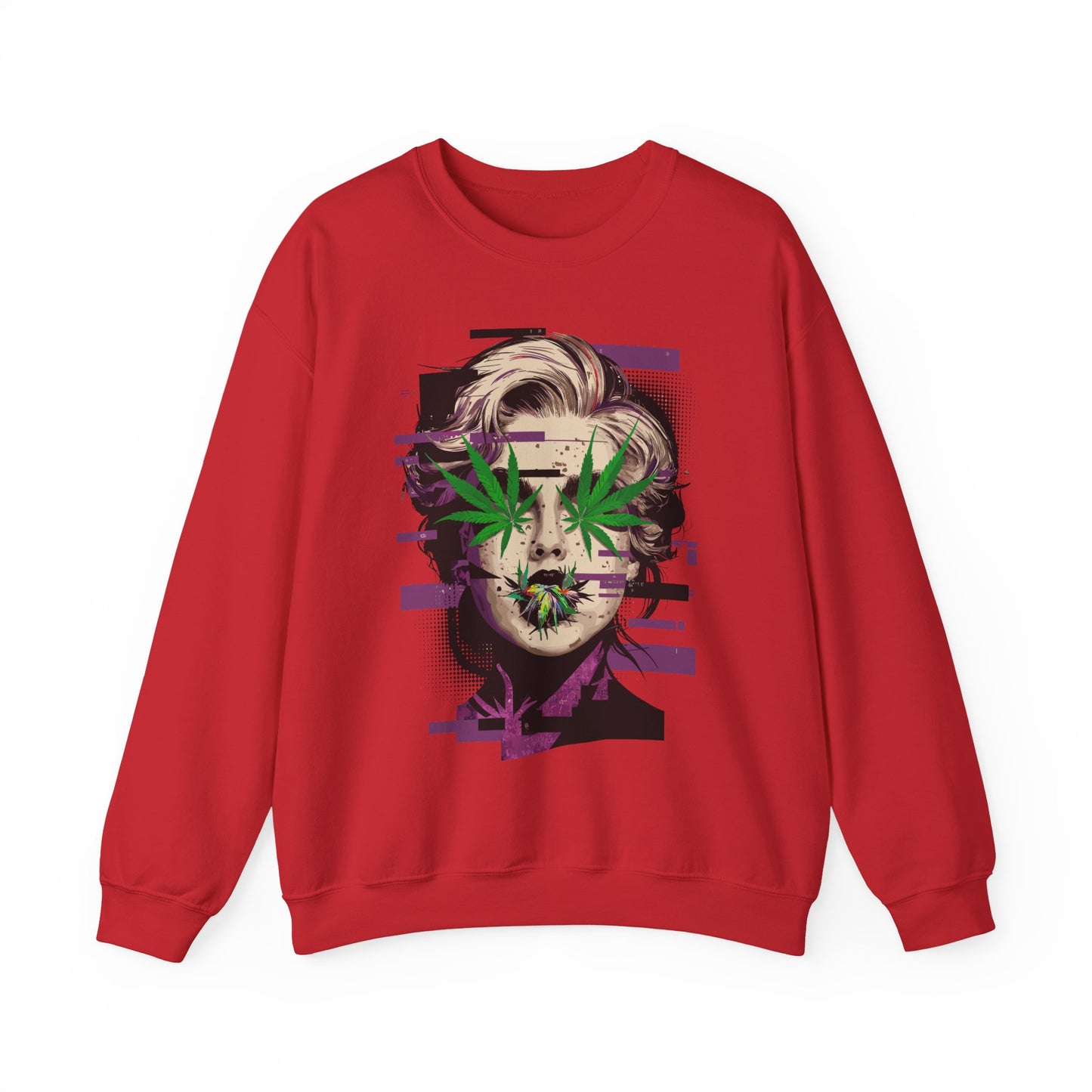 Vintage Portrait Sweatshirt — Glitch Art Face with Cannabis Leaf Mask