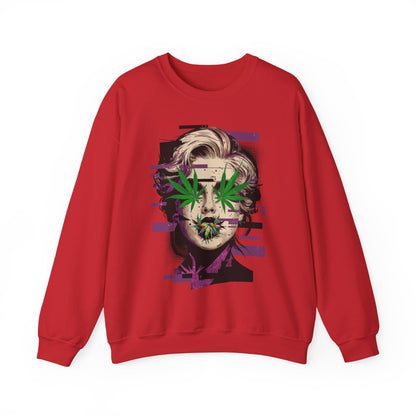 Vintage Portrait Sweatshirt — Glitch Art Face with Cannabis Leaf Mask