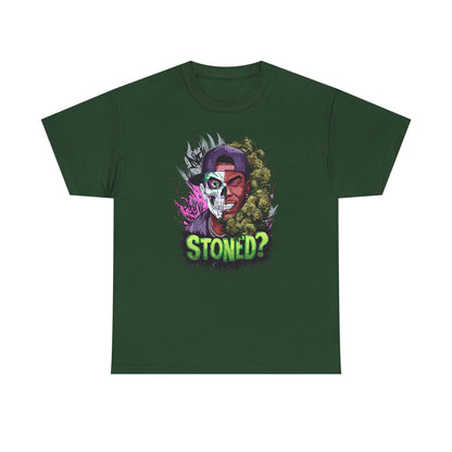 T-Shirt — 'Stoned?' Skull Face Graphic Tee for Cannabis Lovers