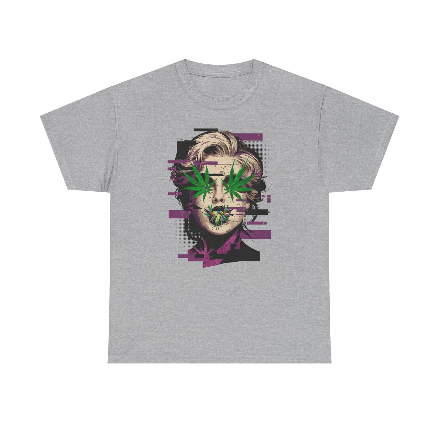 Vintage Portrait Tee — Glitch Art Face with Cannabis Leaf Mask