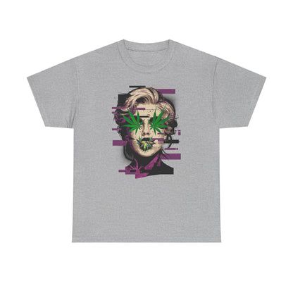Vintage Portrait Tee — Glitch Art Face with Cannabis Leaf Mask