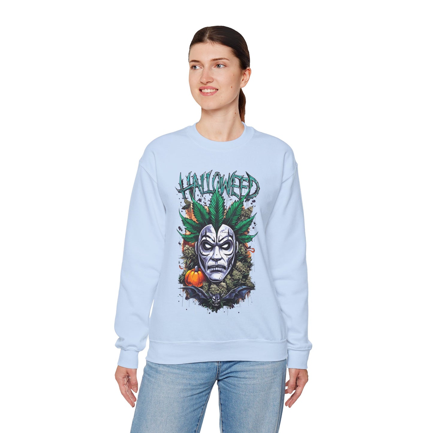 Hallowed Harvest — Halloween Mask & Pumpkin Graphic Sweatshirt