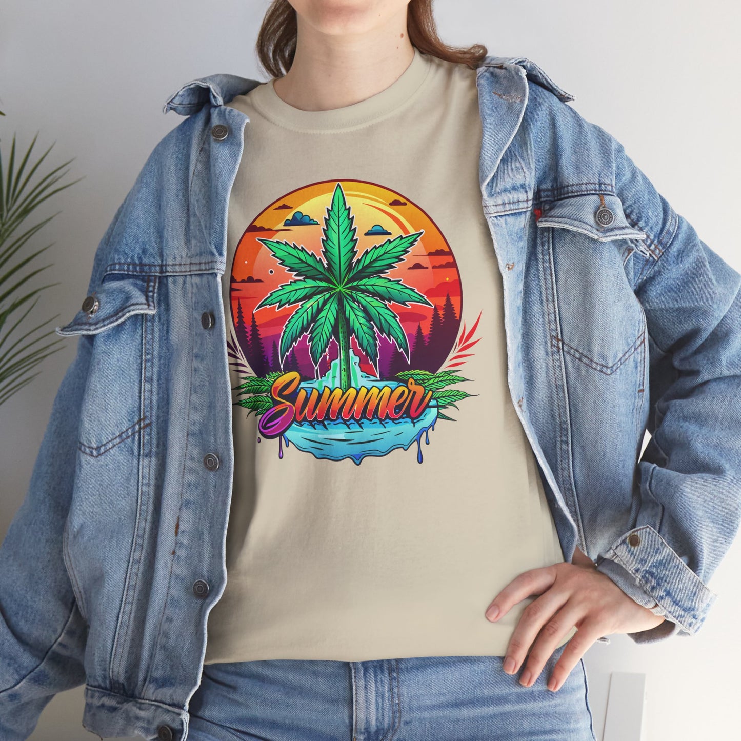 Summer Cannabis Leaf T-Shirt – Retro Tropical Sunset Tee