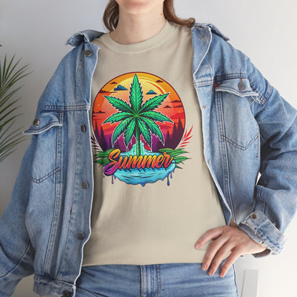 Summer Cannabis Leaf T-Shirt – Retro Tropical Sunset Tee