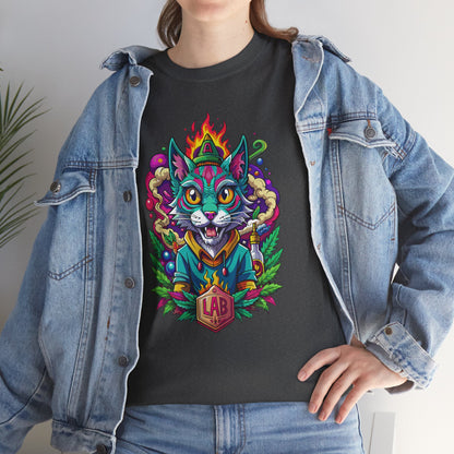 Psychedelic Flame Cat Graphic Tee — Colorful Trippy Cat Design