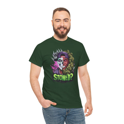 T-Shirt — 'Stoned?' Skull Face Graphic Tee for Cannabis Lovers