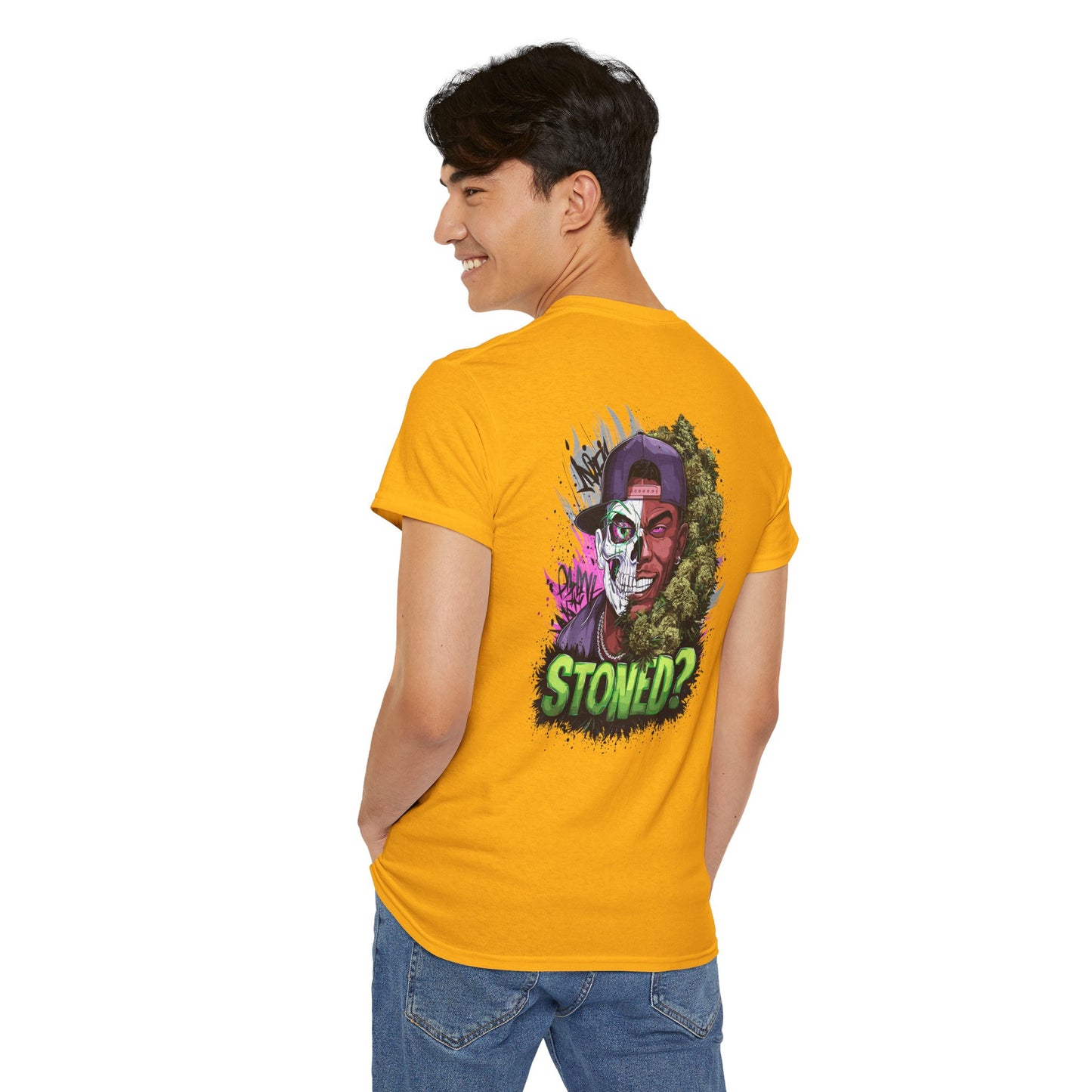 T-Shirt — 'Stoned?' Skull Face Graphic Tee for Cannabis Lovers