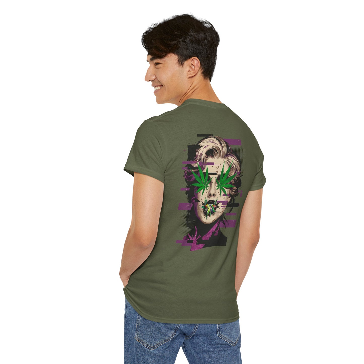Vintage Portrait Tee — Glitch Art Face with Cannabis Leaf Mask