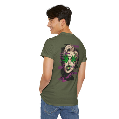 Vintage Portrait Tee — Glitch Art Face with Cannabis Leaf Mask