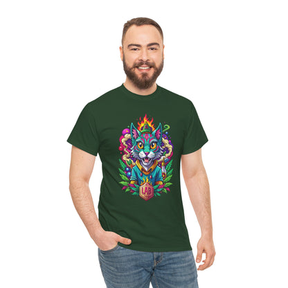 Psychedelic Flame Cat Graphic Tee — Colorful Trippy Cat Design