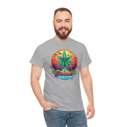 Summer Cannabis Leaf T-Shirt – Retro Tropical Sunset Tee Both