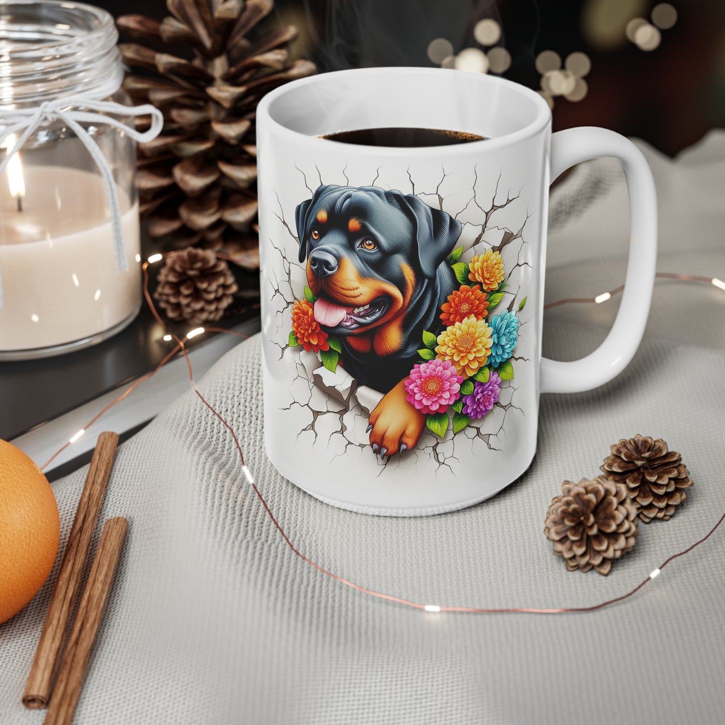 Rottweiler Floral Ceramic Coffee Mug - 11oz & 15oz