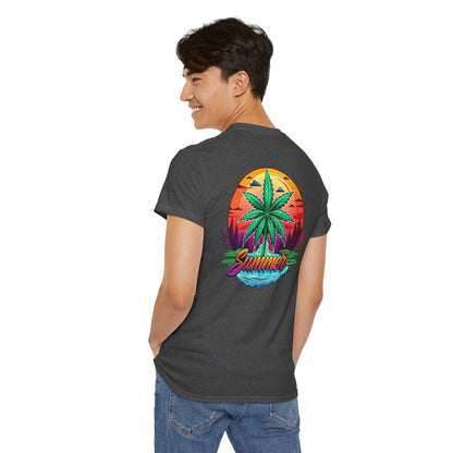 Summer Cannabis Leaf T-Shirt – Retro Tropical Sunset Tee Both