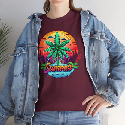 Summer Cannabis Leaf T-Shirt – Retro Tropical Sunset Tee