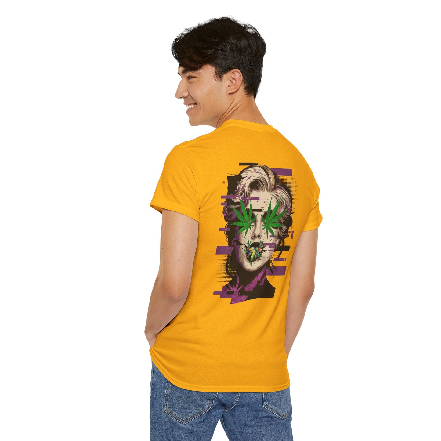Vintage Portrait Tee — Glitch Art Face with Cannabis Leaf Mask