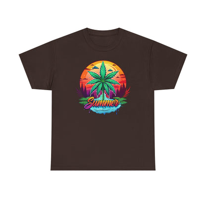 Summer Cannabis Leaf T-Shirt – Retro Tropical Sunset Tee