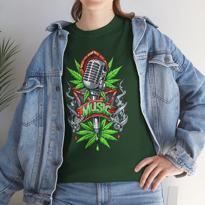 Music Microphone Tee — Retro Mic & Leaf Graphic T-Shirt