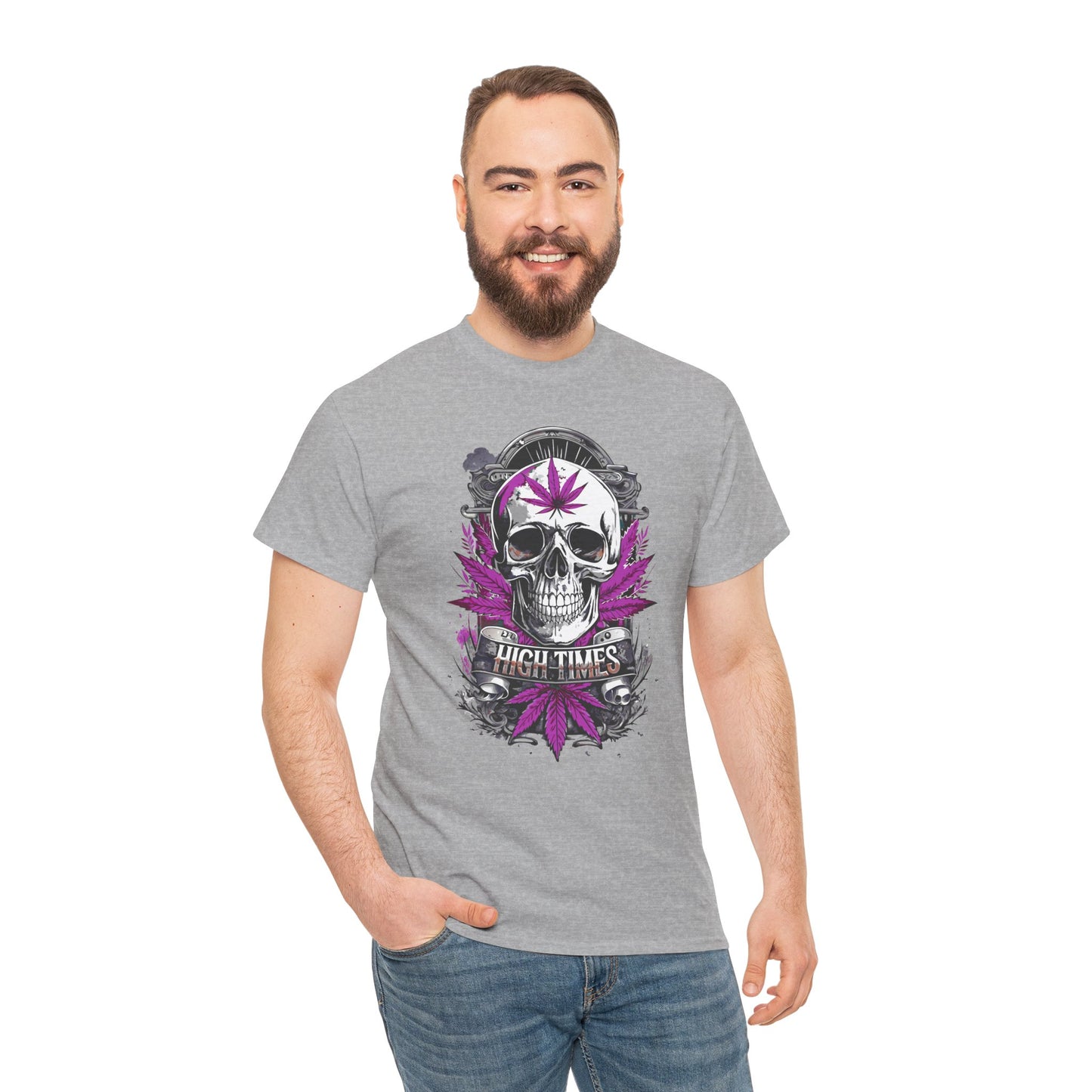 Skull & Purple Cannabis Leaf Tee - "High Times" Graphic T-Shirt Both