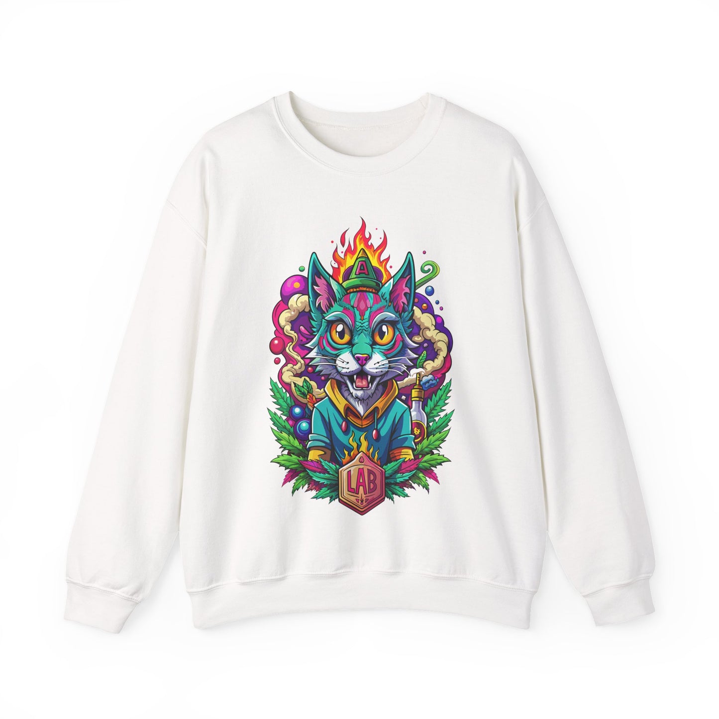 Psychedelic Flame Cat Graphic Sweatshirt — Colorful Trippy Cat Design