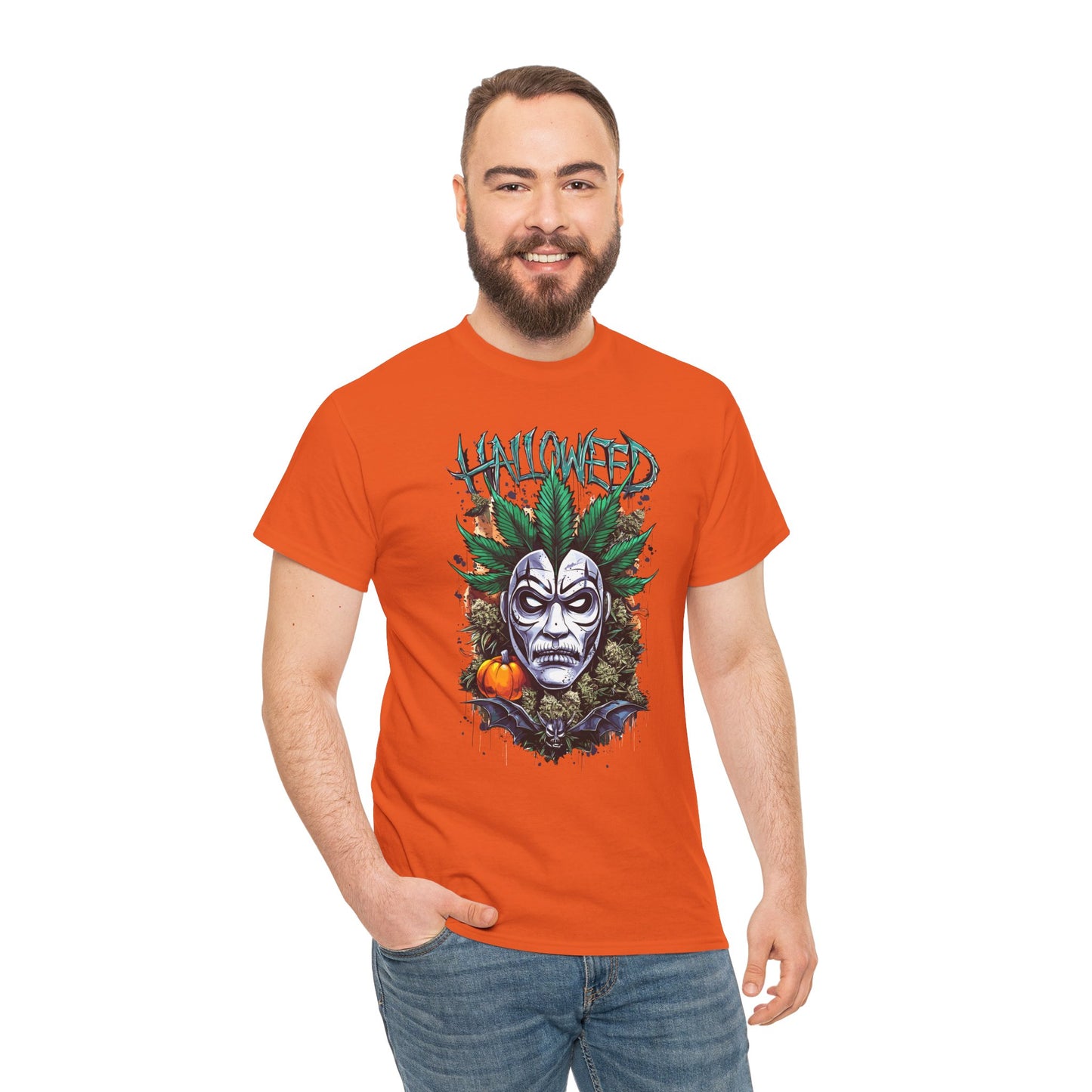 Hallowed Harvest Tee — Halloween Mask & Pumpkin Graphic T-Shirt
