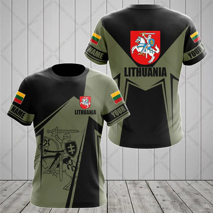 Custom Name Lithuania Symbol ArmyGreen Graphic T-shirts